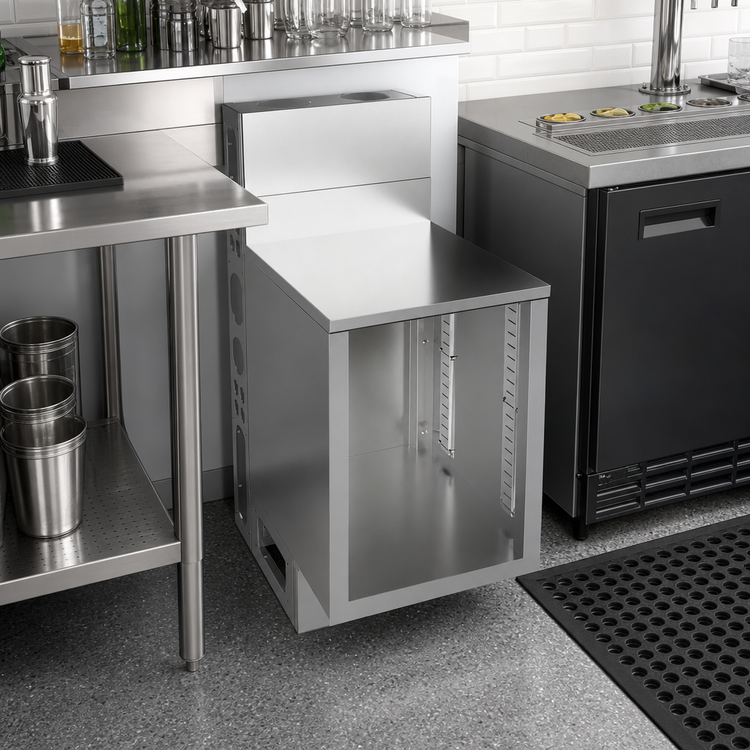 Product image #3 for BK Resources 18 x 21 Inch Flat Top Open Base Underbar Cabinet with Die Wall, 304 Stainless Steel