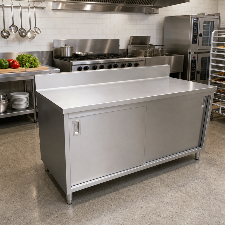 Product image #2 for Omcan 60-Inch x 30-Inch Stainless Steel Enclosed Work Table with Sliding Doors and 6-Inch Backsplash