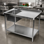 Thumbnail image #2 for Klinger's Trading STB2460BL 60-Inch Left-Side Stainless Steel Prep Sink Table, 18-Gauge Top, 2-Inch Backsplash, Undershelf