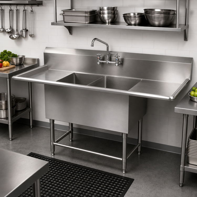 Product image #2 for John Boos Pro-Bowl 2-Compartment Sink with Left and Right Drainboards, 12-Inch Deep Bowls, 123-1/4-Inch Wide, 14-Gauge Stainless Steel