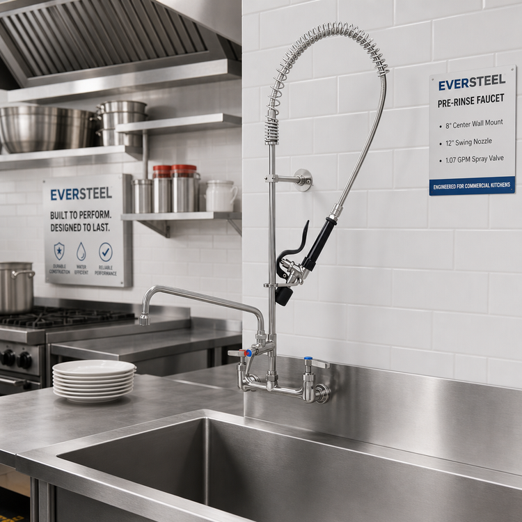 Product image #3 for EverSteel 8-Inch Center Wall-Mount Pre-Rinse Mixing Faucet with 12-Inch Swing Nozzle and 1.07 GPM Spray Valve