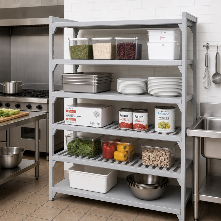 Product image #3 for Cambro Camshelving Premium 24" x 60" Stationary Polymer Shelf Kit, 5 Shelves, Vented and Solid, Speckled Gray