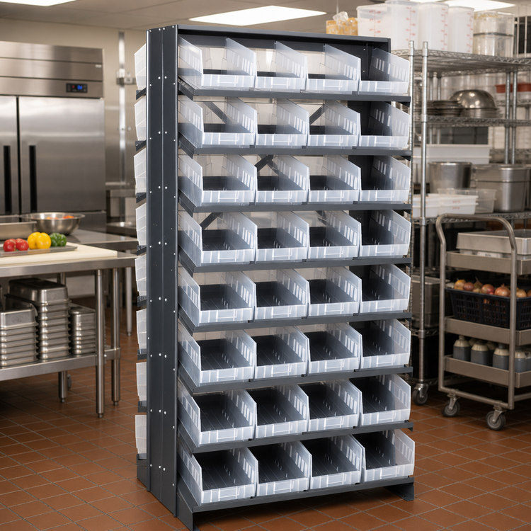 Product image #2 for Quantum 36 x 36 x 63-1/2 Inch Double-Sided Sloped Pick Rack with 64 Clear Bins