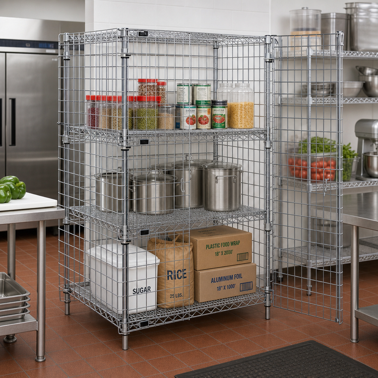Product image #2 for Quantum Stationary Wire Security Cage with 2 Intermediate Shelves, Chrome, 60"W x 24"D x 63"H