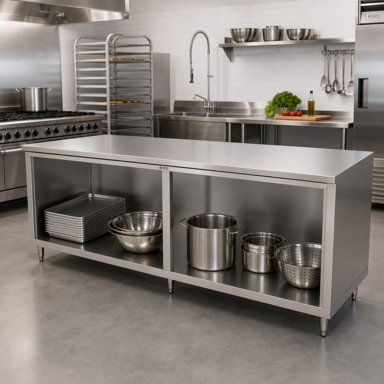 Product image #2 for John Boos Stainless Steel Work Table with Open Front Cabinet Base, 108 x 36 Inches, 14-Gauge Flat Top