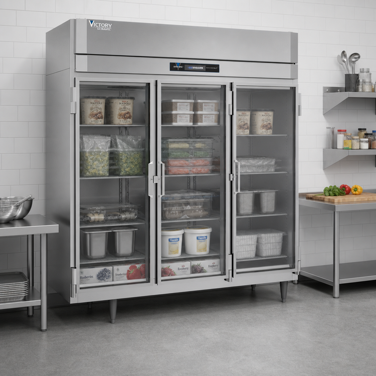 Product image #3 for Victory UltraSpec Three-Section Glass Door Reach-In Freezer, Self-Contained, Top-Mounted