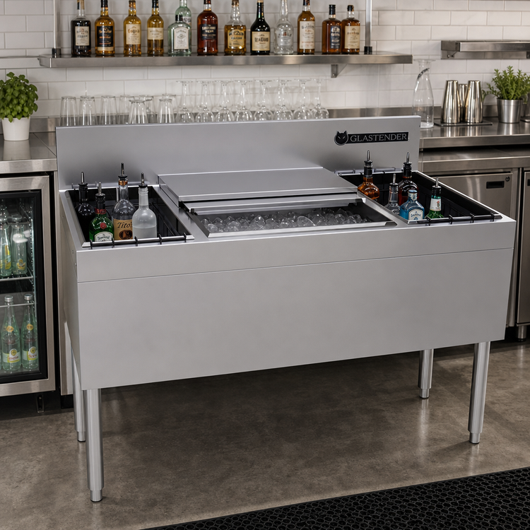 Product image #2 for Glastender 48-Inch Underbar Combo Ice Bin/Cocktail Unit with 10-Circuit Cold Plate and Dual Bottle Wells