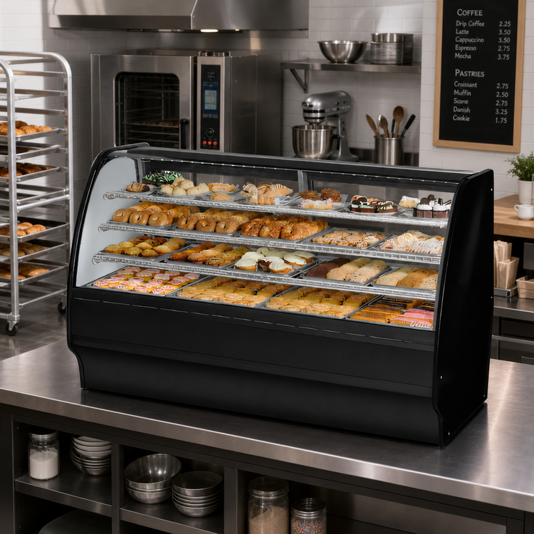Product image #2 for 77-1/4-Inch Countertop Dry Glass Merchandiser Pastry Display Case with Curved Front and Sliding Rear Doors