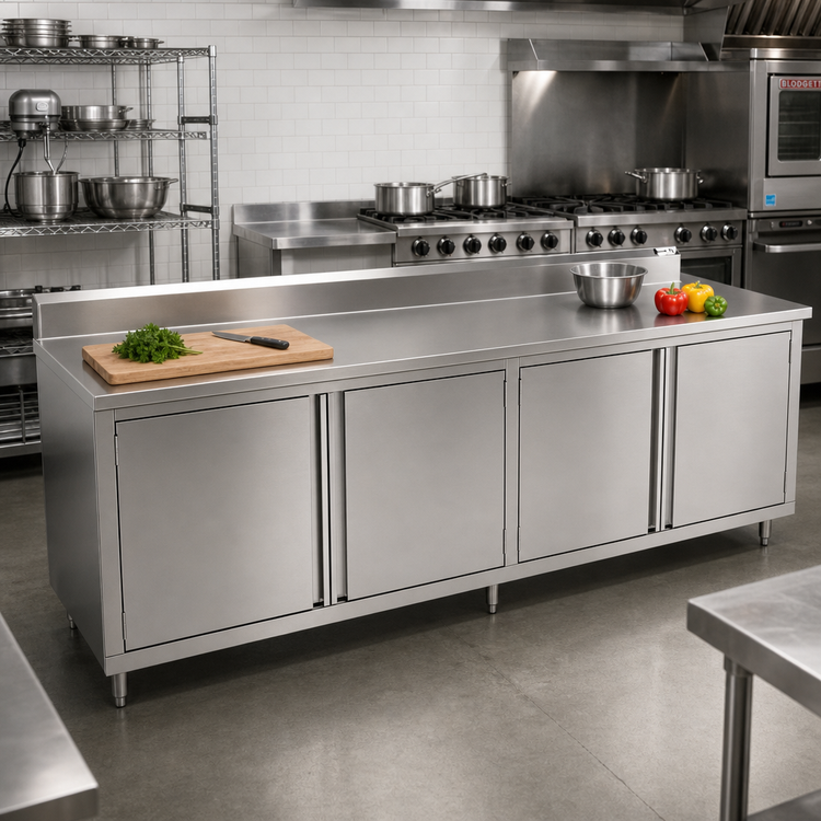 Product image #2 for John Boos 120" x 30" Enclosed Stainless Steel Work Table with Cabinet Base and Hinged Doors