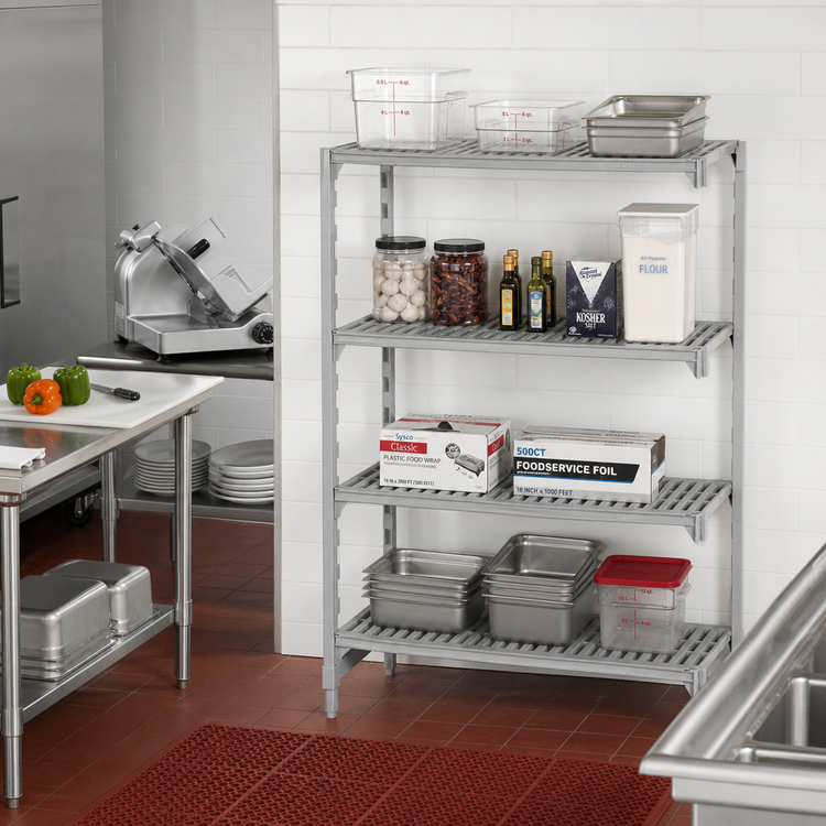 Product image #3 for Cambro Camshelving Premium Stationary 4-Tier Add-On Polymer Shelving Unit, 24 x 18 x 64 Inches, Vented and Solid, Speckled Gray