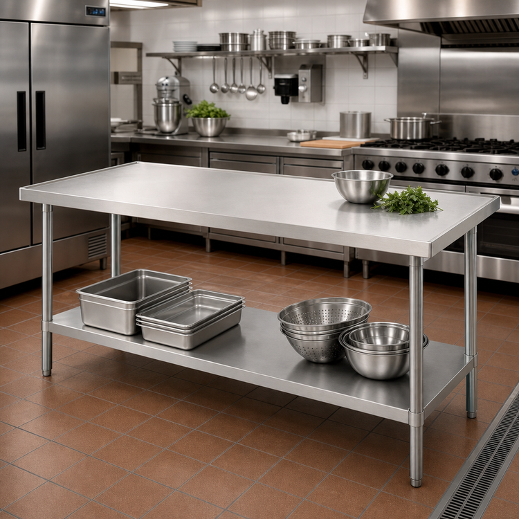 Product image #2 for Advance Tabco 60" x 48" 14-Gauge 304 Stainless Steel Flat Top Work Table with Adjustable Galvanized Undershelf