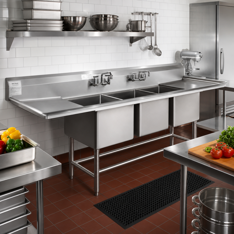 Product image #2 for Spec-Master FN Series 114"W Three-Compartment Stainless Steel Sink with Dual 24" Drainboards