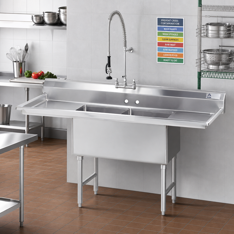 Product image #2 for Advance Tabco Special Value Series 2-Compartment Fabricated Sink with Left and Right Drainboards, 84-Inch, 304 Stainless Steel