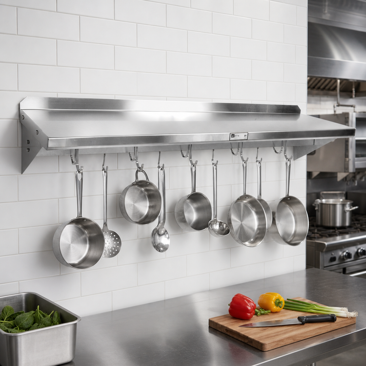 Product image #2 for John Boos Stallion 120-Inch Wall-Mounted 16-Gauge Stainless Steel Pot Rack Shelf with 10 Hooks