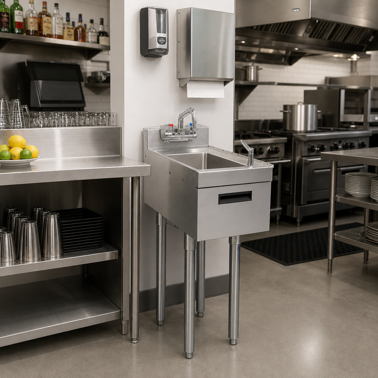 Product image #2 for Krowne Silver Series Freestanding Stainless Steel Underbar Hand Sink with Soap and Towel, 12 Inch Wide