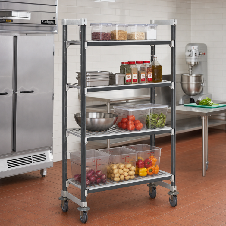 Product image #2 for Cambro Camshelving Elements XTRA High Density Mobile Starter Unit, 21" x 54" x 78-1/4", 4-Tier Vented Shelving, Speckled Gray