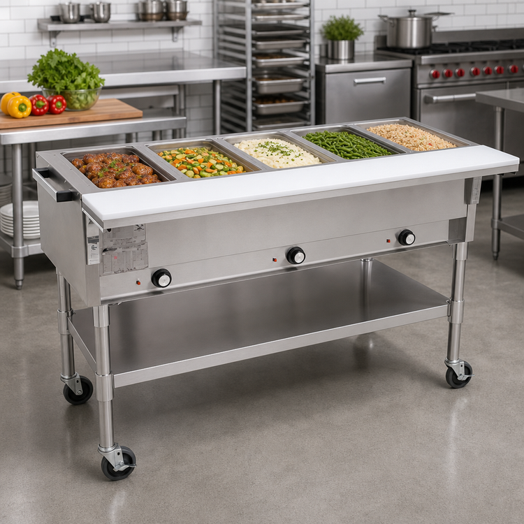 Product image #2 for Eagle Group 82-Inch Portable Electric Hot Food Table with 5 Dry Wells, Open Base, and 8-Inch Cutting Board