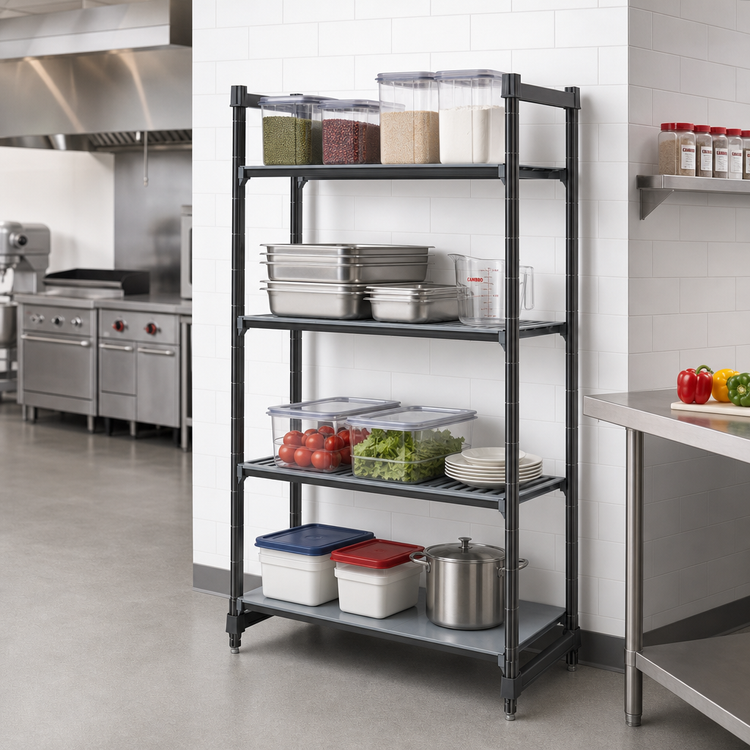 Product image #2 for Cambro Camshelving Basics Plus 4-Tier Stationary Starter Unit, 18-inch Deep x 36-inch Wide x 84-inch High, Vented and Solid Polypropylene Shelves, Brushed Graphite