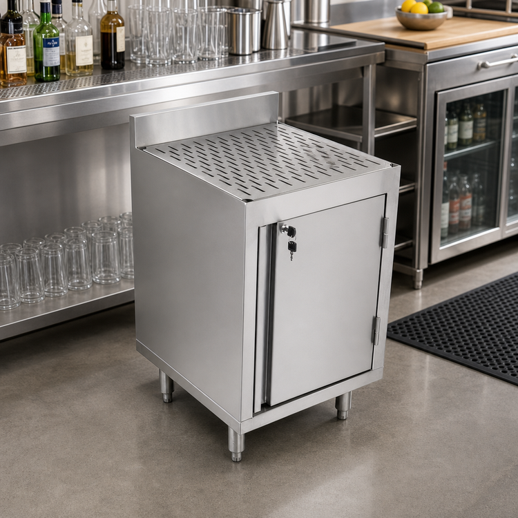 Product image #2 for John Boos Underbar Freestanding Drainboard Storage Cabinet with Right-Hinged Locking Door, 18W x 21D x 32.5H Inches