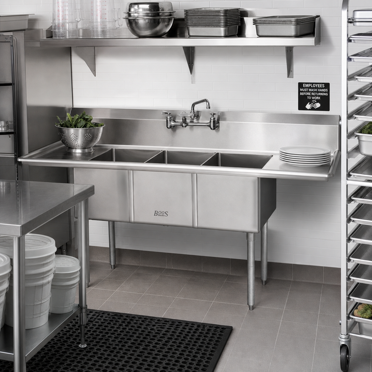 Product image #2 for John Boos E-Series 3-Compartment Stainless Steel Sink with Dual Drainboards, 60-Inch W x 25-1/2-Inch D