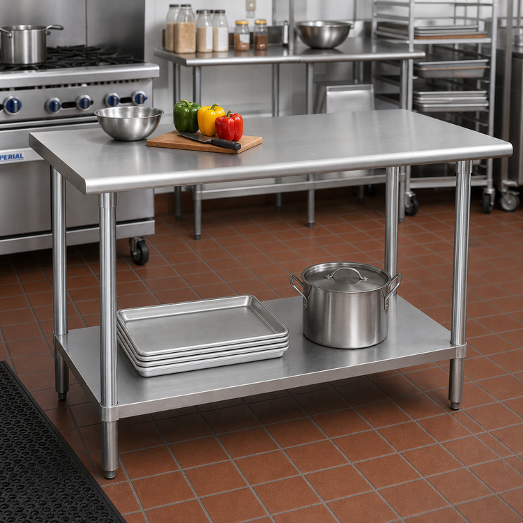 Product image #2 for Advance Tabco Special Value Series 60 Inch x 36 Inch Flat Top Work Table with 16 Gauge 430 Stainless Steel Top and Adjustable Galvanized Undershelf