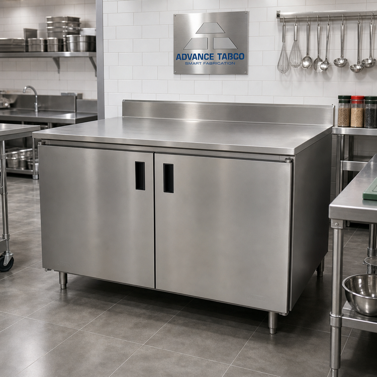 Product image #2 for Advance Tabco Enclosed Stainless Steel Work Table with Cabinet Base, 144 x 36 Inches, 14 Gauge 304 Top, 5-Inch Backsplash