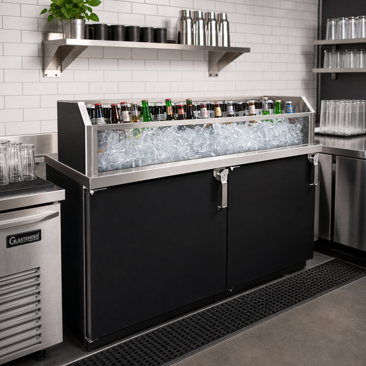 Product image #2 for Glastender Back Bar Glass Ice Display Unit for Bottled Beverages, 78W x 18D x 9H, Stainless Steel and Glass