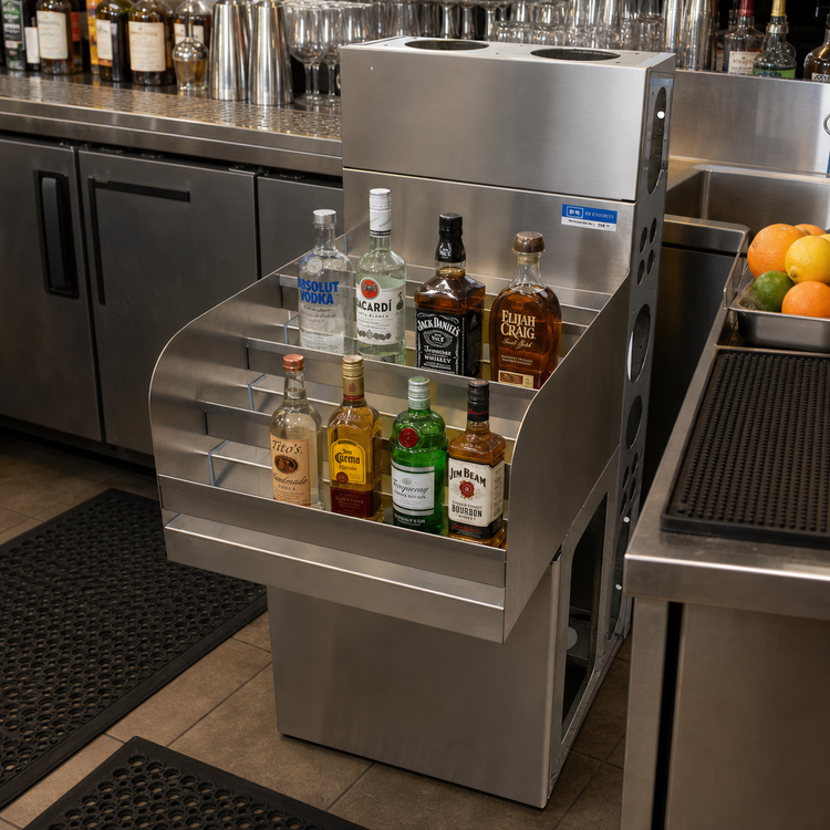 Product image #3 for BK Resources 18-Inch Wide Underbar Liquor Bottle Display Unit with 4 Steps and Guard Rail