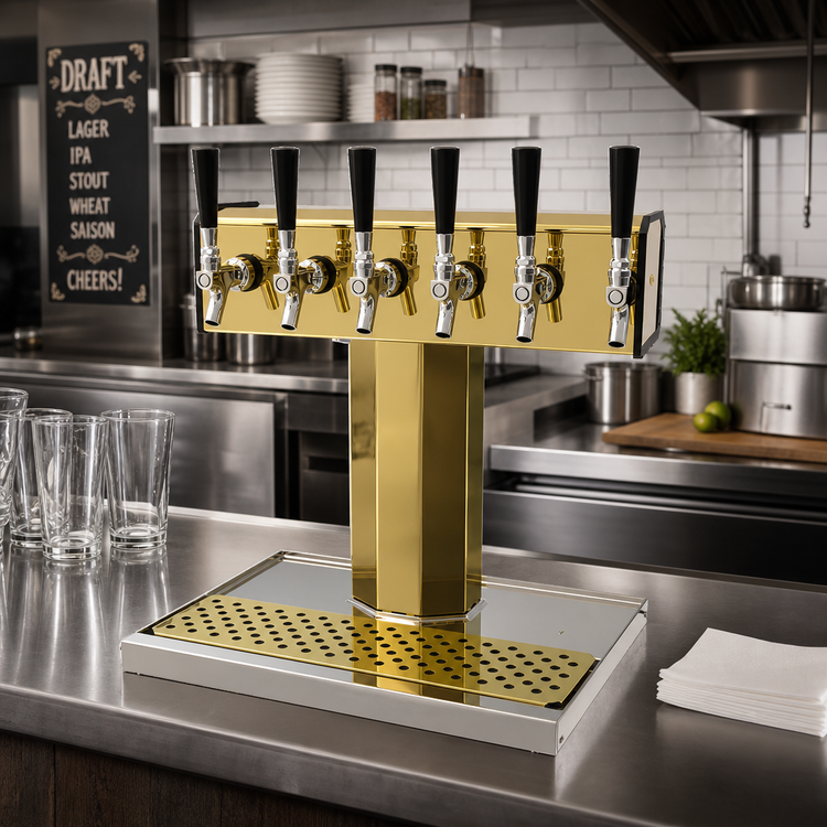 Product image #2 for Glastender Countertop Tee Draft Dispensing Tower with 5 Faucets, Air-Cooled, Polished Brass Finish