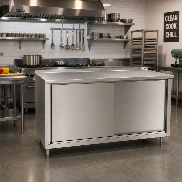 Product image #2 for John Boos 72" x 24" Stainless Steel Enclosed Work Table with Cabinet Base and Sliding Doors