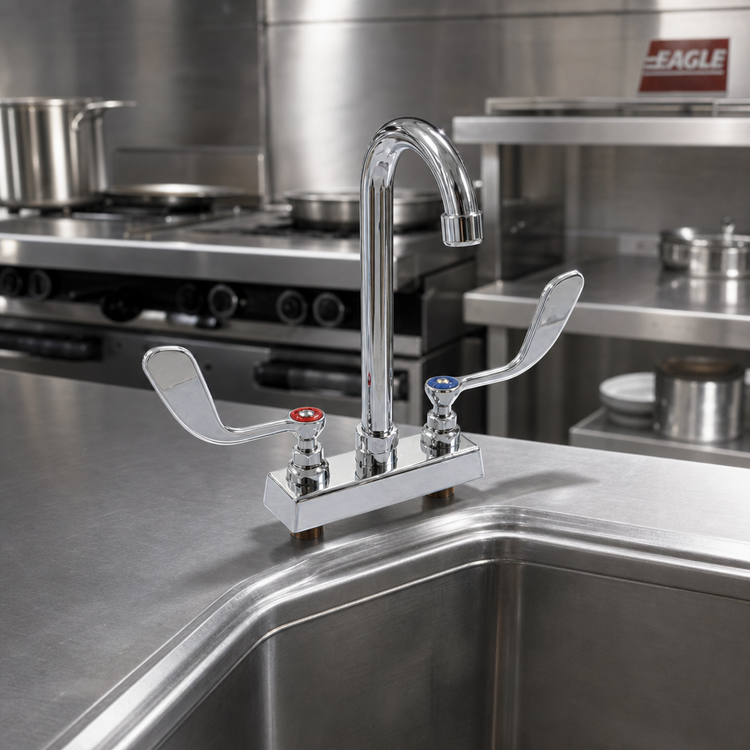 Product image #2 for Eagle Group Standard Deck-Mounted Manual Faucet with 4-Inch Centers, Rigid Gooseneck Spout, and Wrist Handles