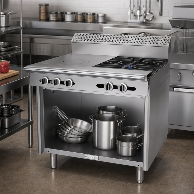 Product image #2 for Garland Cuisine Series 36-Inch Heavy Duty Natural Gas Combination Top Range with 2 Open Burners, 18-Inch Front-Fired Hot Top, and Open Cabinet Base
