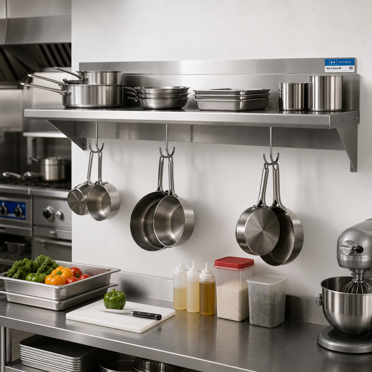 Product image #2 for BK Resources Premium Wall-Mounted Stainless Steel Pot Rack Shelf, 84 in. x 16 in.