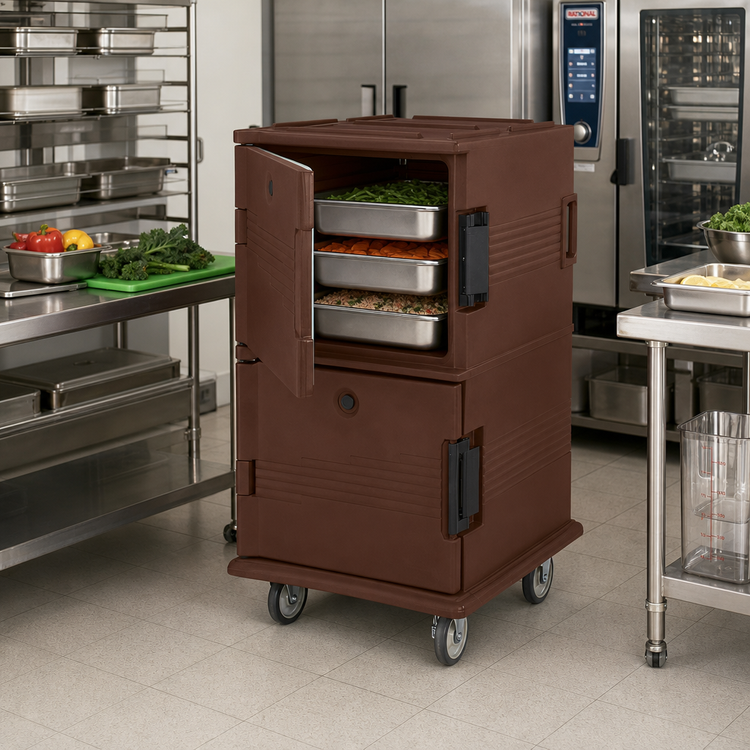 Product image #3 for Cambro Ultra Camcart® Double-Compartment Non-Electric Front-Loading Insulated Food Pan Carrier with Heavy-Duty Casters for Full-Size GN Pans, Dark Brown