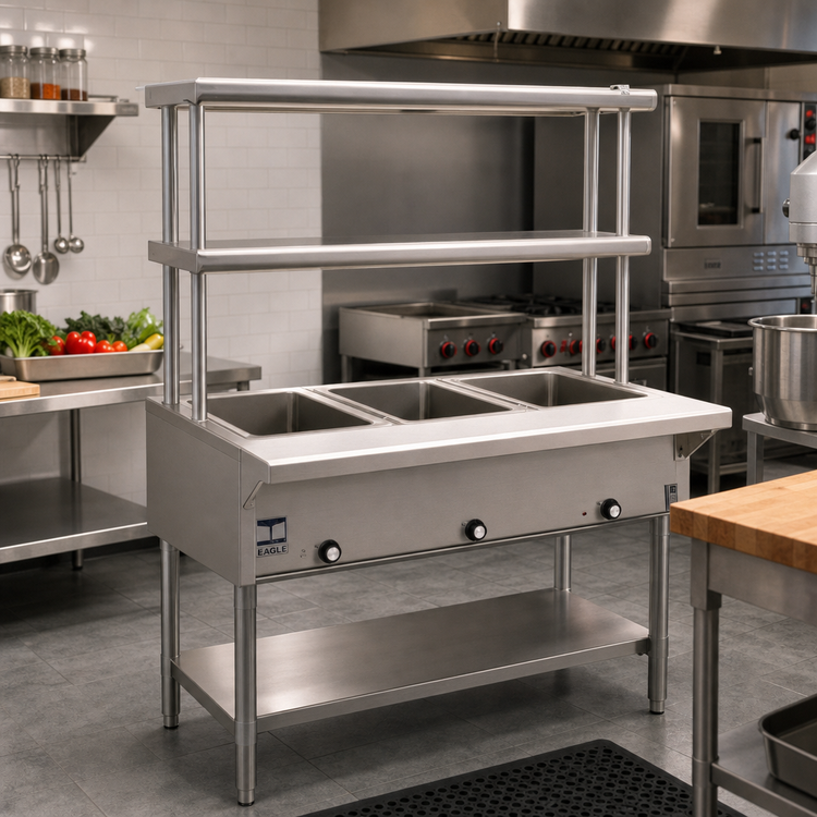 Product image #2 for Eagle Group 63-1/2-Inch Natural Gas Hot Food Table with 4 Dry Wells, Open Base, and Double-Tier Flex-Master Overshelves