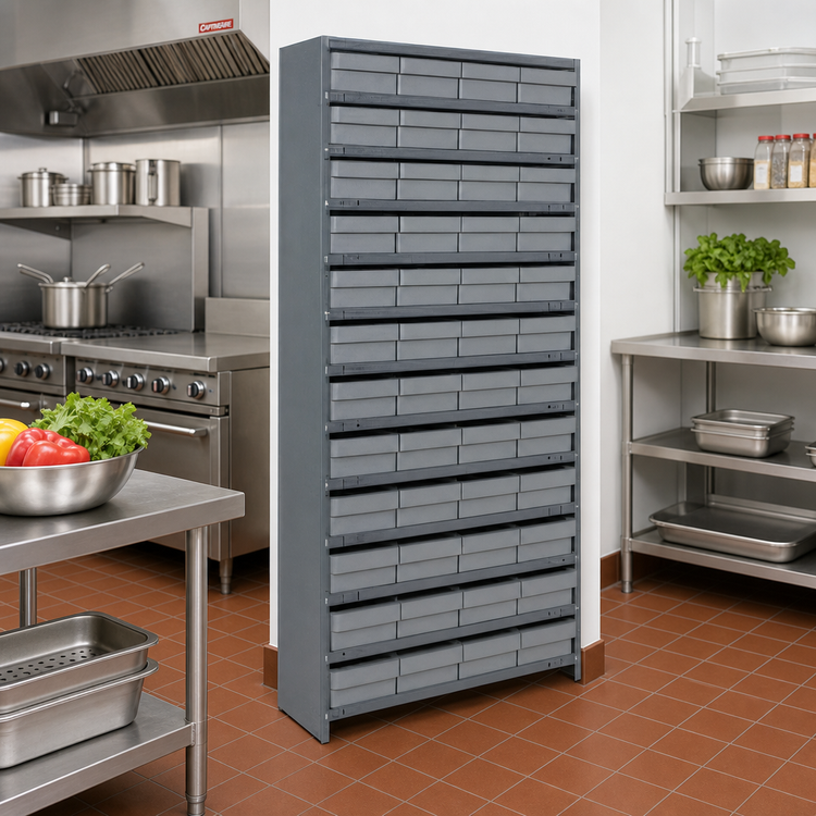 Product image #2 for Quantum Closed Heavy Duty Stationary Wire Shelving Unit with 13 Shelves and 48 Bins, 36 x 18 x 75 Inches
