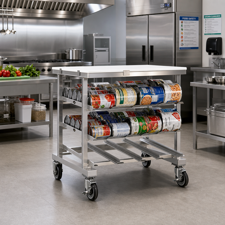 Product image #2 for New Age Mobile Counter-Height Can Storage Rack with Poly Top, 54 #10 or 72 #5 Can Capacity