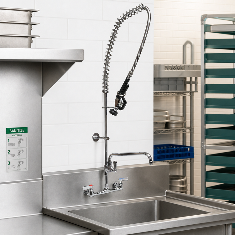 Product image #2 for BK Resources WorkForce Lead-Free 8-Inch Splash Mount Pre-Rinse Assembly with 14-Inch Swing Spout Add-On Faucet