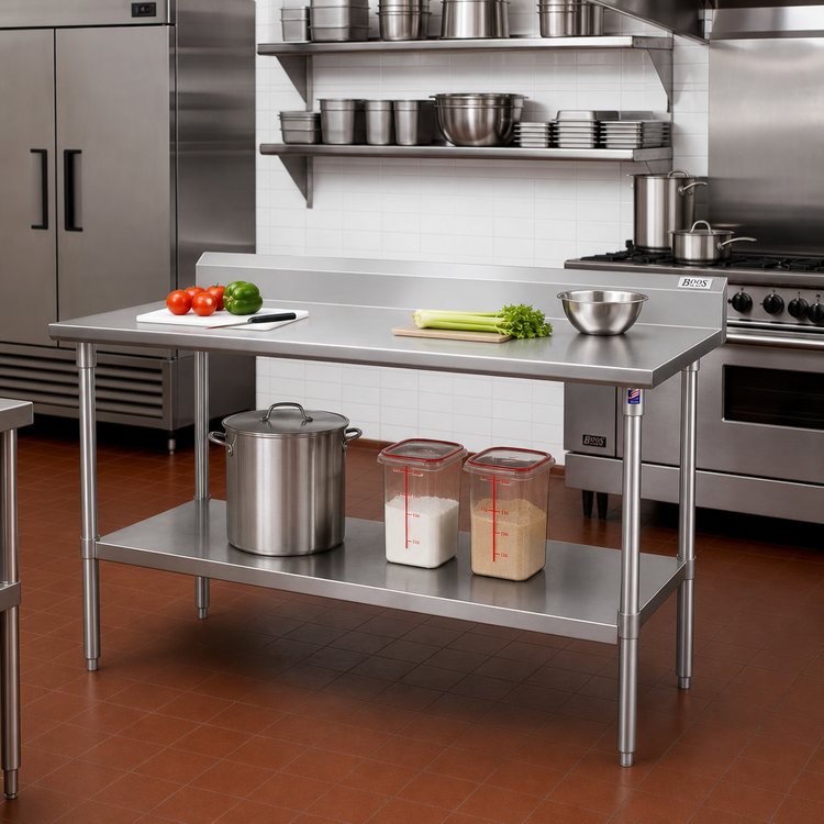 Product image #2 for John Boos Stallion 120-Inch x 30-Inch Stainless Steel Work Table with 16-Gauge Top, 5-Inch Backsplash, and Adjustable Undershelf
