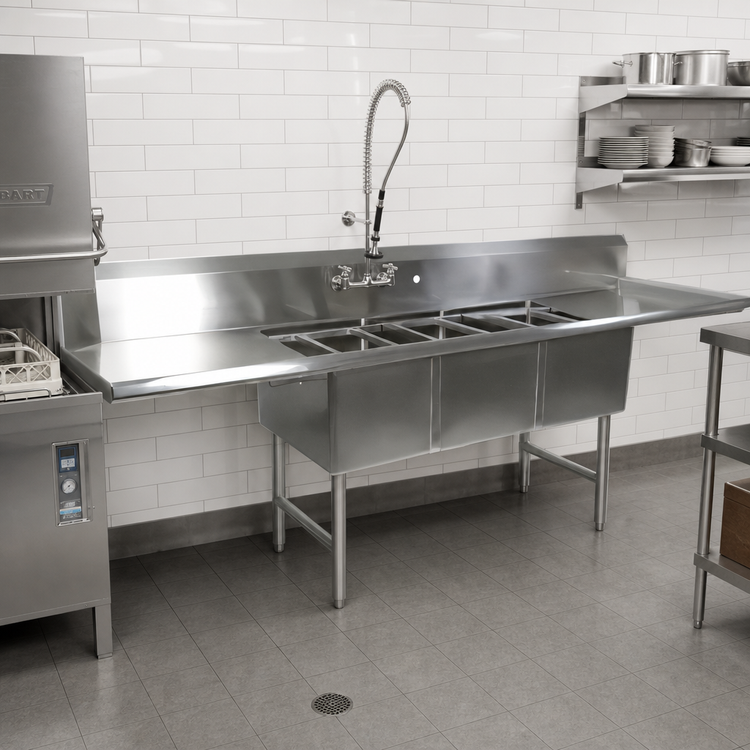 Product image #2 for John Boos Straight 3-Compartment Dishtable/Pot Sink with 2 Drainboards and Left Dish Machine Attachment