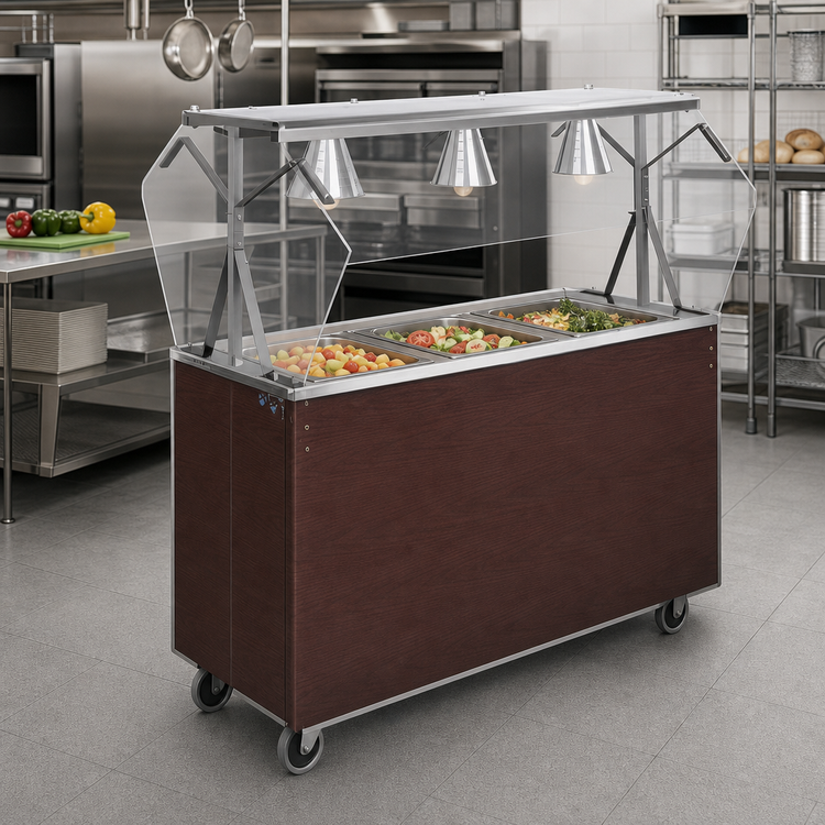 Product image #2 for Vollrath 2-Series Affordable Portable 3-Pan Non-Refrigerated Cold Food Station with Buffet Breath Guard and Lights, Cherry Woodgrain, 46-Inch