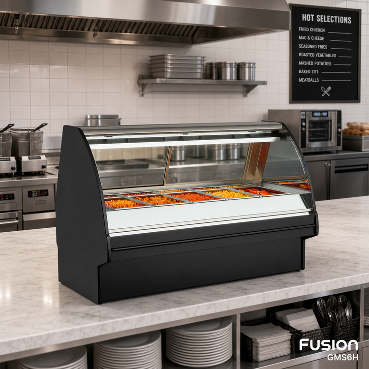 Product image #2 for Fusion® Full-Service Heated Countertop Hot Food Display Case with Curved Lift-Up Front Glass