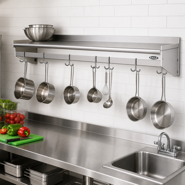 Product image #2 for Eagle Group Wall-Mount Stainless Steel Pot Rack Shelf with Removable Hooks, 72 x 18 Inches