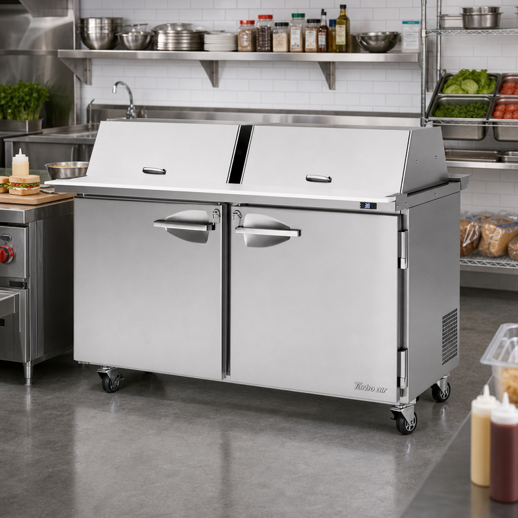 Product image #2 for Turbo Air PRO Series Mega Top Dual-Sided Lid Sandwich/Salad Prep Table, 2-Section, Rear-Mount Compressor, 24-Pan, 19 Cu. Ft.