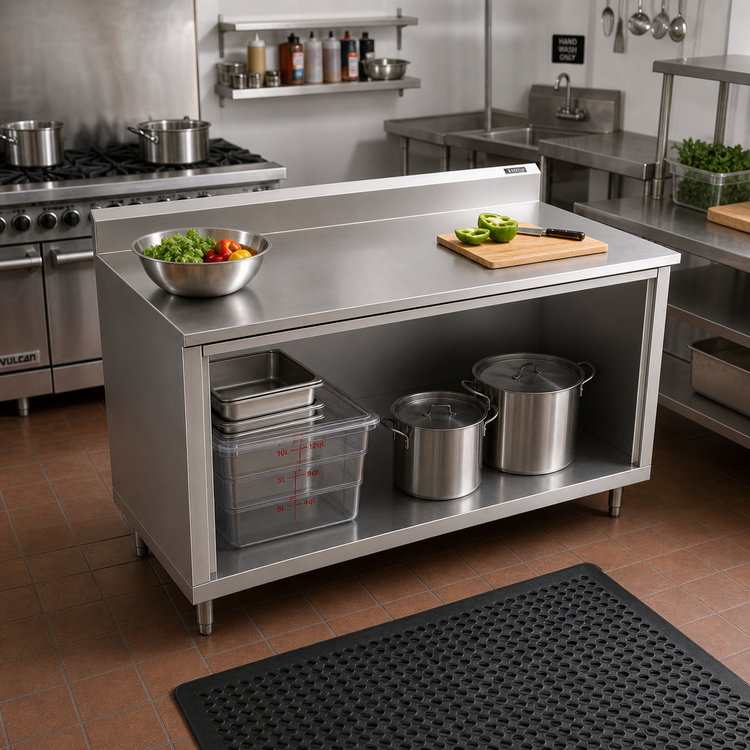 Product image #2 for John Boos 60-Inch x 24-Inch 14-Gauge 300-Series Stainless Steel Work Table with Open Front Cabinet Base and 5-Inch Backsplash