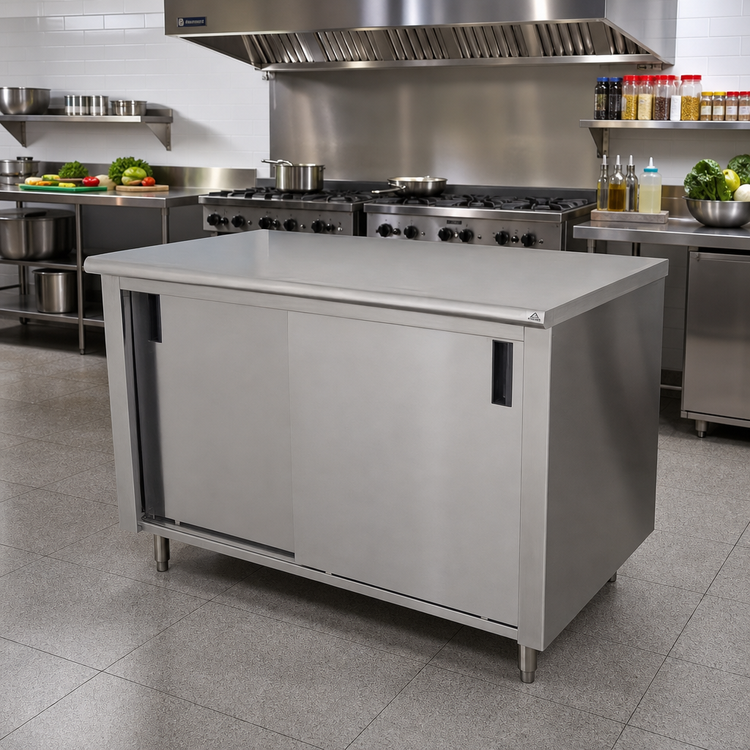 Product image #2 for Advance Tabco Special Value Economy Enclosed Work Table with Cabinet Base, Mid-Shelf, Sliding Doors, and 16 Gauge 304 Stainless Steel Top, 72 x 30 Inches