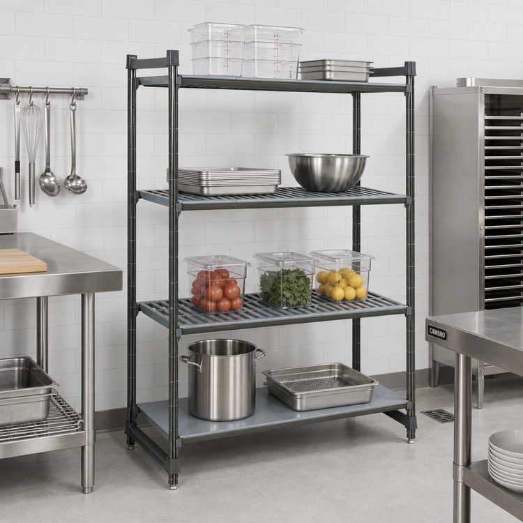 Product image #2 for Cambro Camshelving Basics Plus Stationary Polymer Shelving Starter Unit, 30" Wide x 21" Deep x 84" High, 4-Tier, 3 Vented + 1 Solid