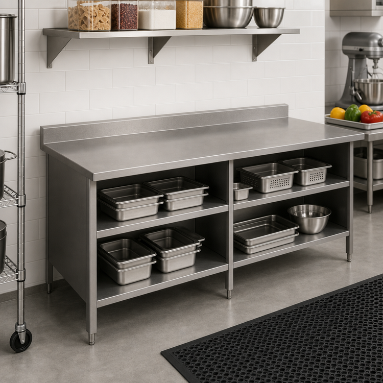 Product image #2 for John Boos Open-Front Enclosed Base Work Table, 108W x 30D, 16-Gauge 300-Series Stainless Steel Top, 5-Inch Backsplash