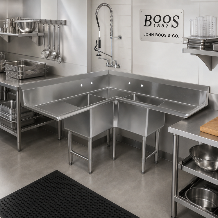 Product image #2 for John Boos B Series 3-Compartment Corner Sink with Dual 18-Inch Drainboards, 58-9/16 x 58-9/16 Inch, 16-Gauge 300 Series Stainless Steel