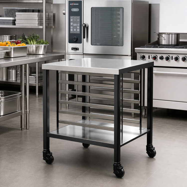 Product image #1 for Alto-Shaam Stainless Steel Equipment Stand with Casters, Lower Shelf, and Side Racks